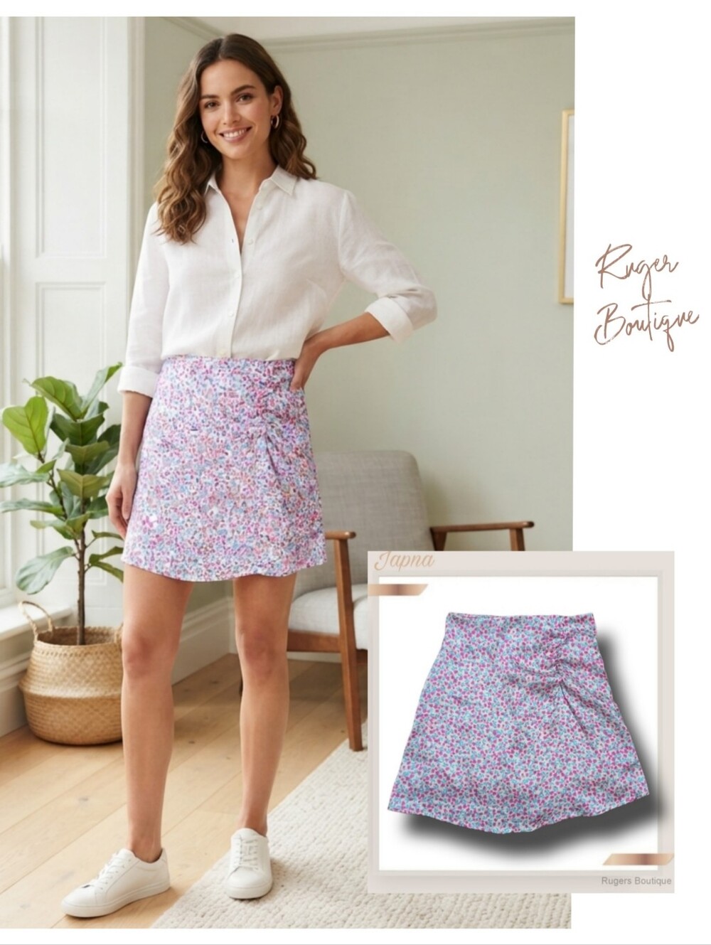 🌿Japna Women's Small Floral High Waisted Rutched Detail Mini Skirt